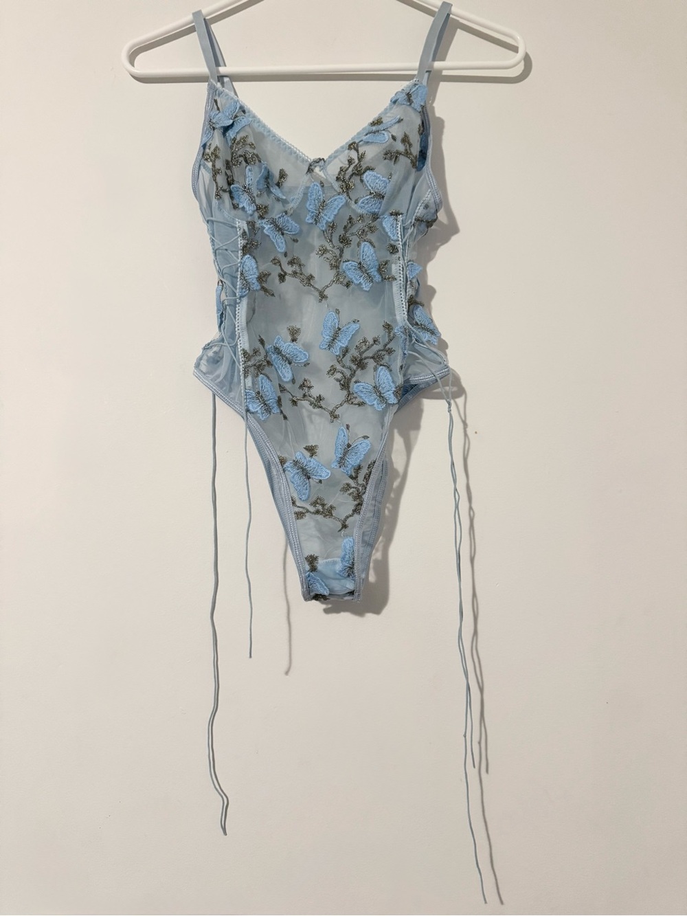 Romwe Sheer Blue Lingerie One-Piece w/ Butterfly Print
